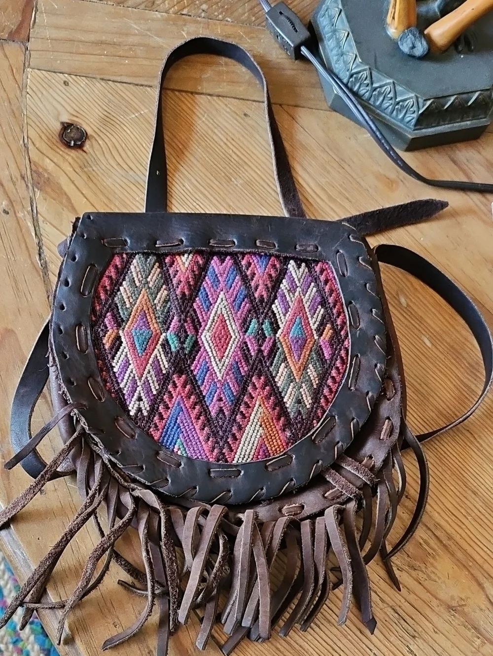 Vintage Bohemian Huipil Artisan Textile Festival Leather Shoulder Bag Fringe
